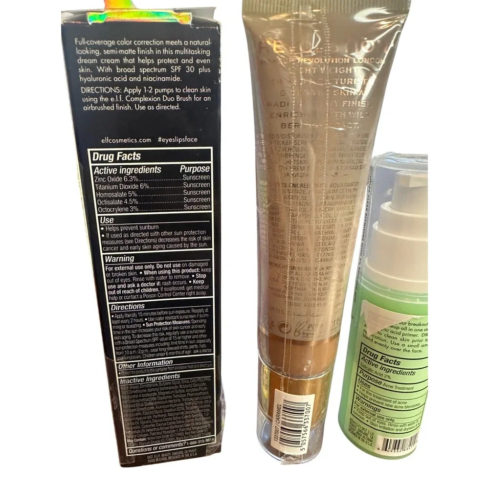 ELF Camo CC Cream Tan 370W Revolution Superdewy Skin Tint Caramel & Primer Set